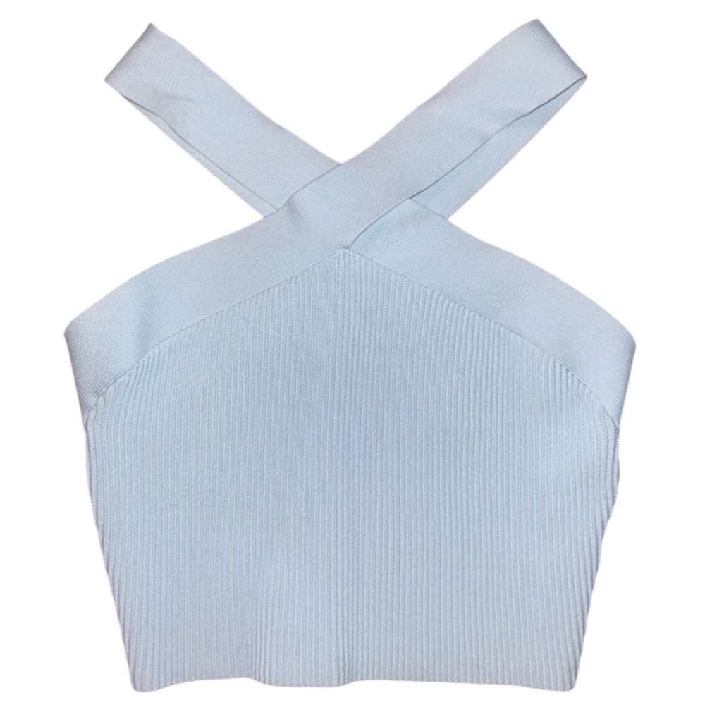 Aritzia Babaton Light Blue Ribbed Knit Cross Halter Crop Top Size M minimalist